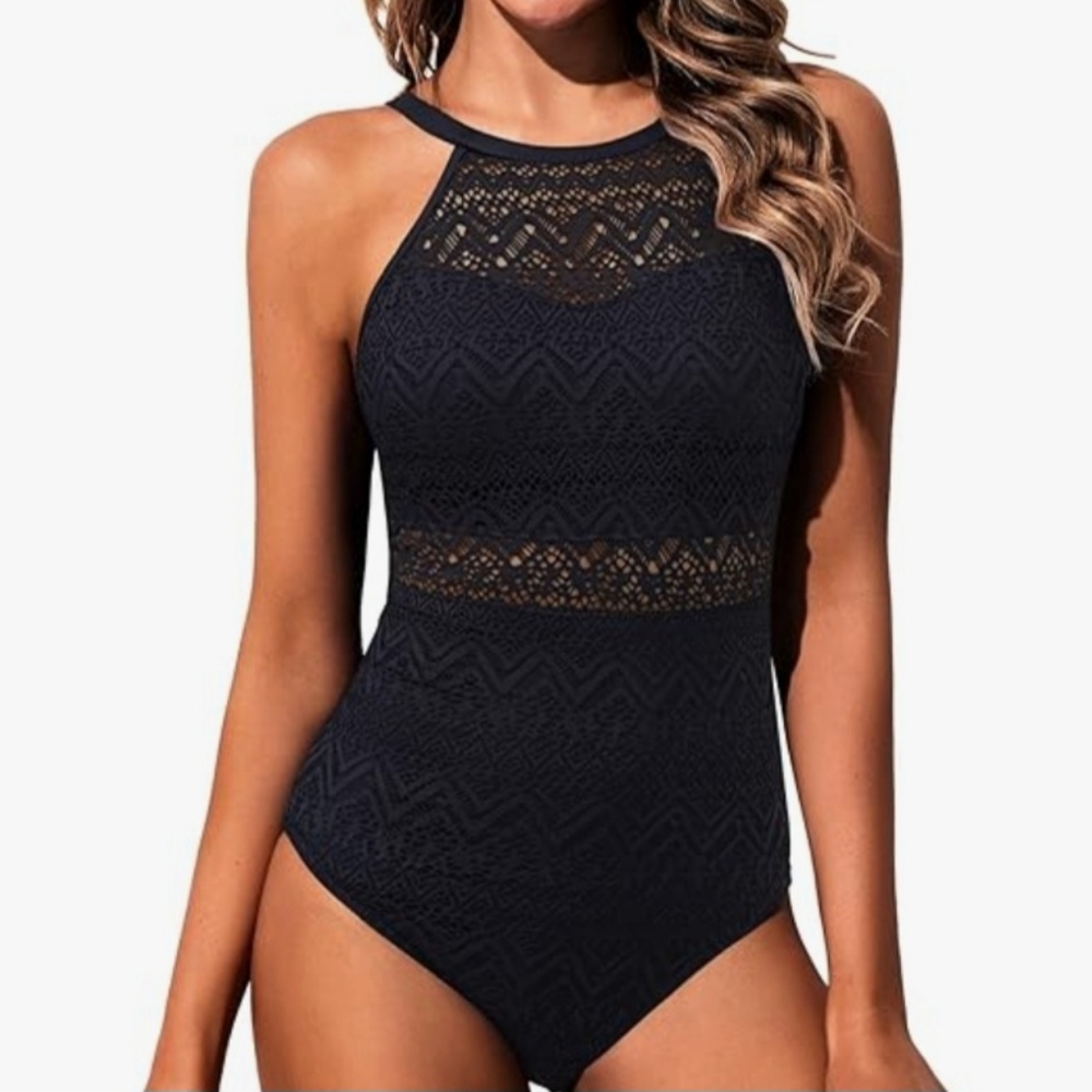 Holipick Black Lace One-Piece Swimsuit Tummy Control NWT ❤️❤️